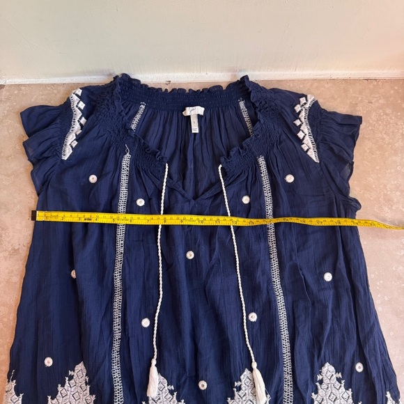 Joie Navy Blue Short Flutter Sleeve Embroidered Boho Womens Size S Peasant Top - Picture 9 of 14